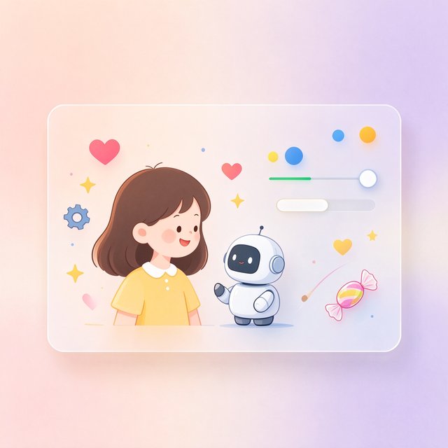 女孩与 AI 机器人相视而笑，身旁悬浮人设定制面板的温馨插画